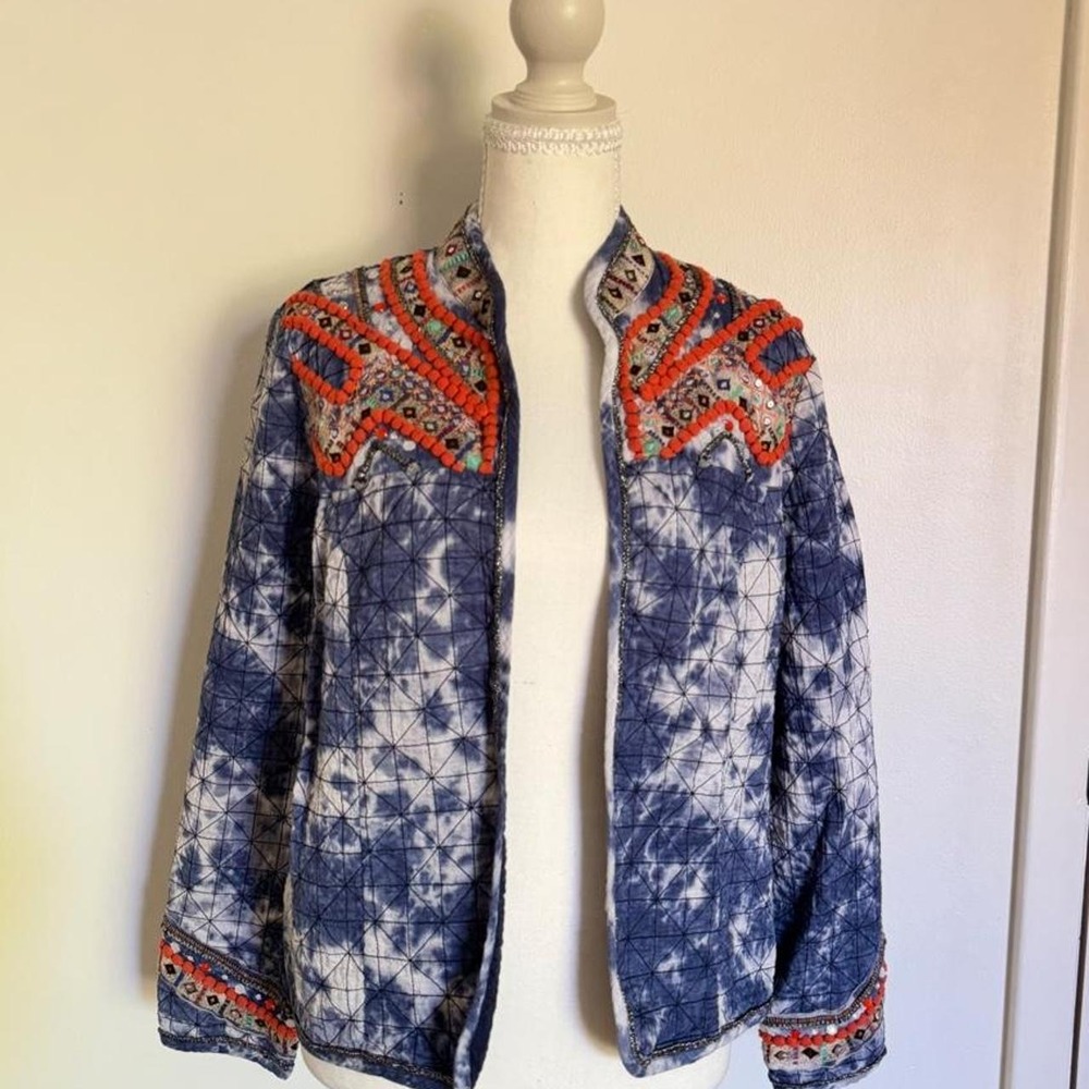 Chico's Boho blue tie-dye cotton jacket with orange geometric embroidery